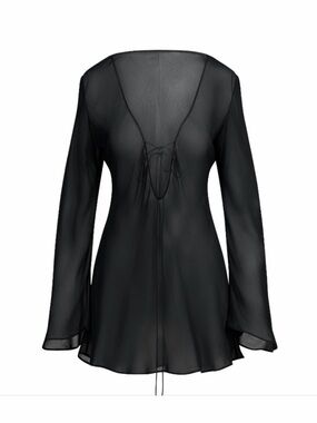 SKIMS Black Sheer V-Neck Long-Sleeve Swim Coverup